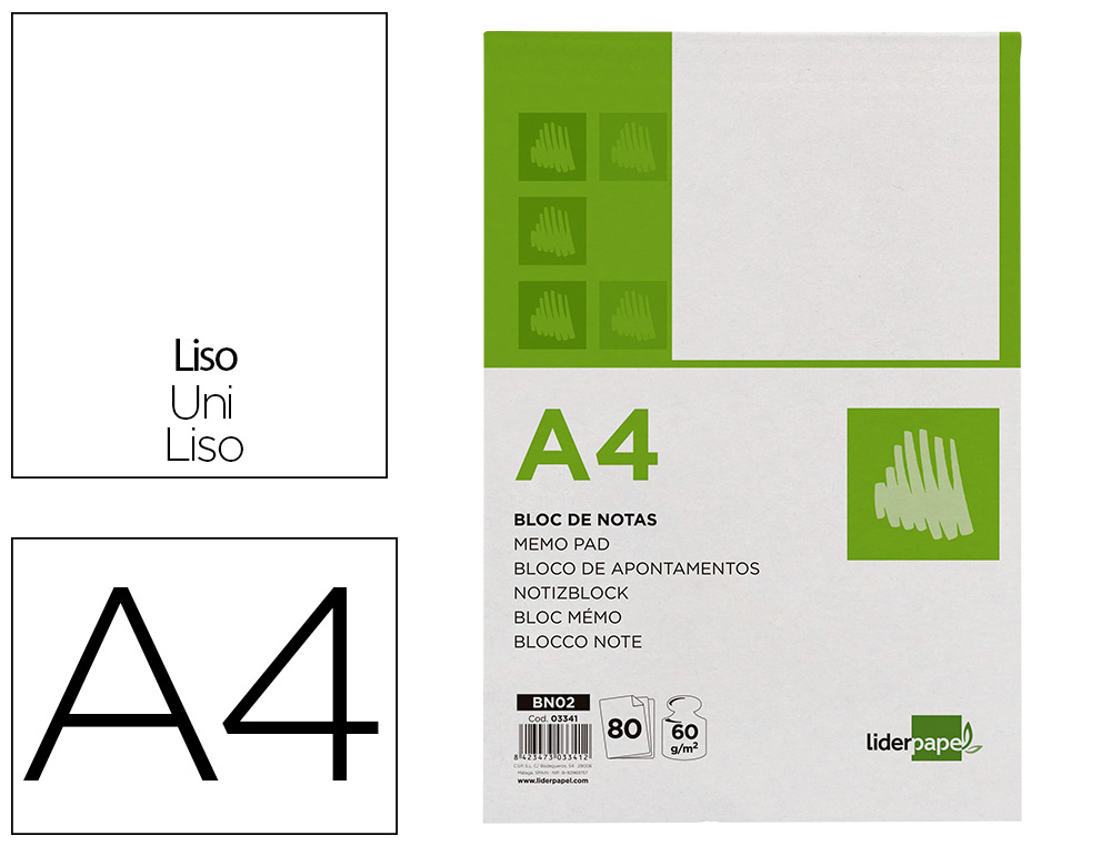 BLOCO DE APONTAMENTOS LIDERPAPEL DIN A4 80 F LISO
