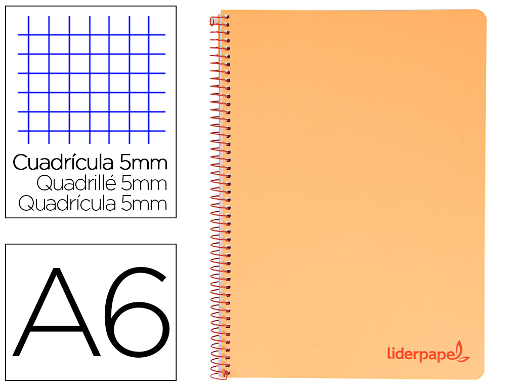 CADERNO ESPIRAL LIDERPAPEL DIN A6 WONDER CAPA PLASTICO 120 F 90 GR QUADRICULA 5MM 4 BANDAS DE CORES COR LARANJA