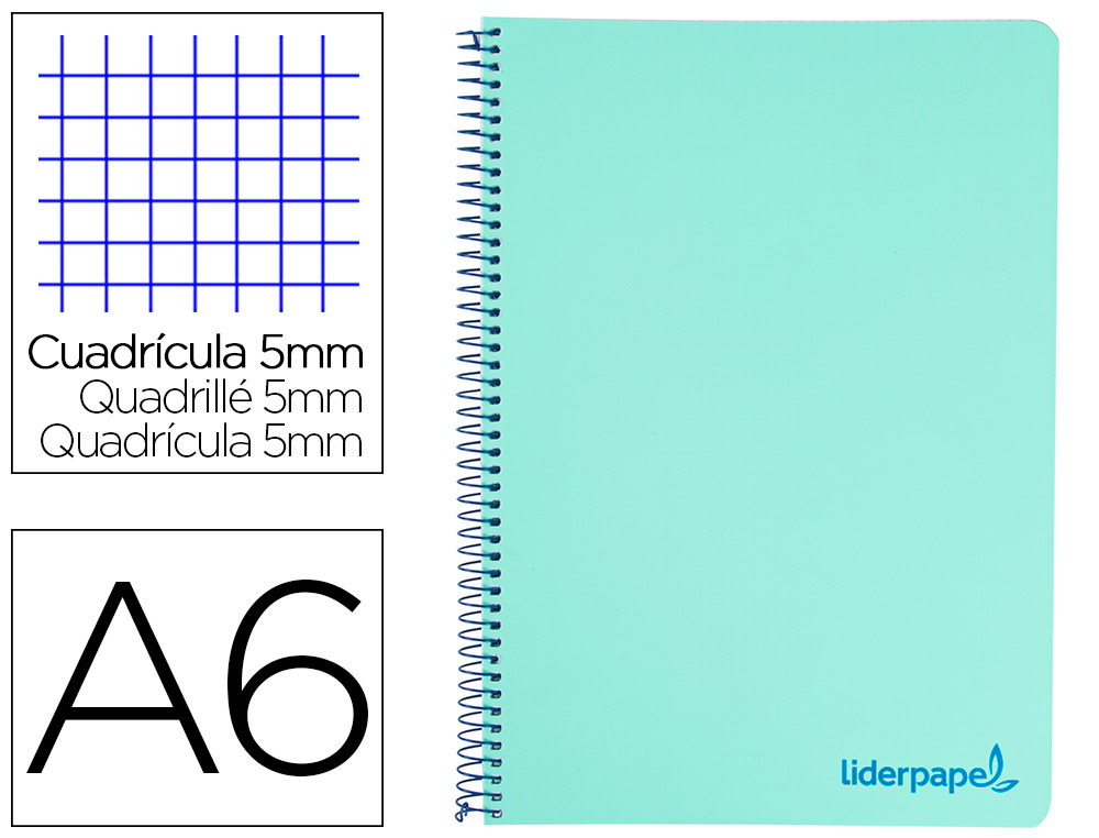 CADERNO ESPIRAL LIDERPAPEL DIN A6 WONDER CAPA PLASTICO 120 F 90 GR QUADRICULA 5MM 4 BANDAS DE CORES COR VERDE
