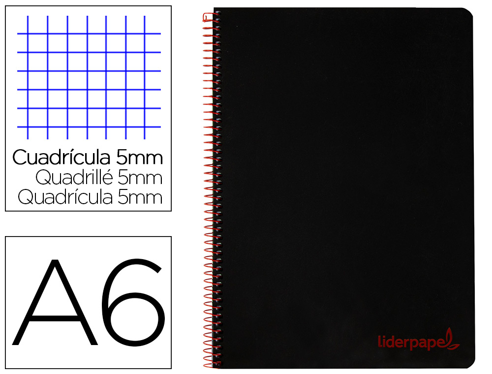 CADERNO ESPIRAL LIDERPAPEL DIN A6 WONDER CAPA PLASTICO 120 F 90 GR QUADRICULA 5MM 4 BANDAS DE CORES COR PRETO