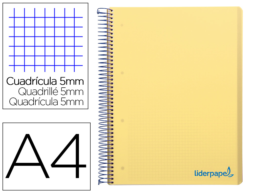 CADERNO ESPIRAL LIDERPAPEL DIN A4 WONDER CAPA PLASTICO 120 F 90 GR QUADRICULA 5 MM 5 BANDAS DE CORES 4 FUROS AMARELO