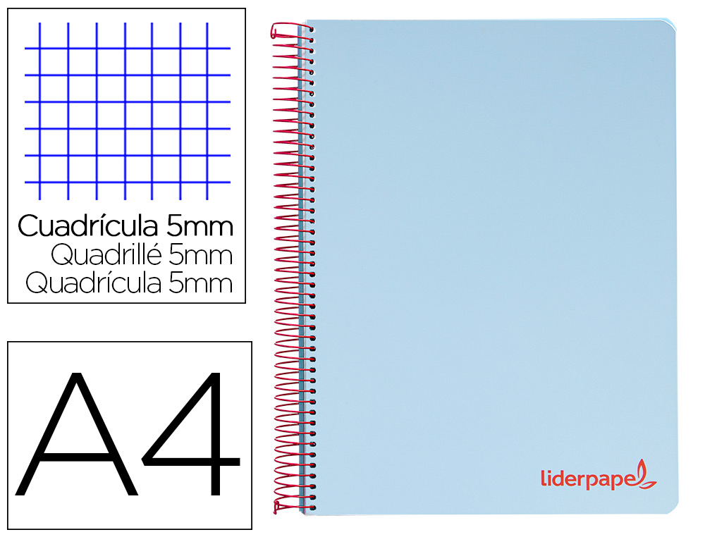 CADERNO ESPIRAL LIDERPAPEL DIN A4 WONDER CAPA PLASTICO 120 F 90 GR QUADRICULA 5 MM 5 BANDAS DE CORES 4 FUROS AZUL