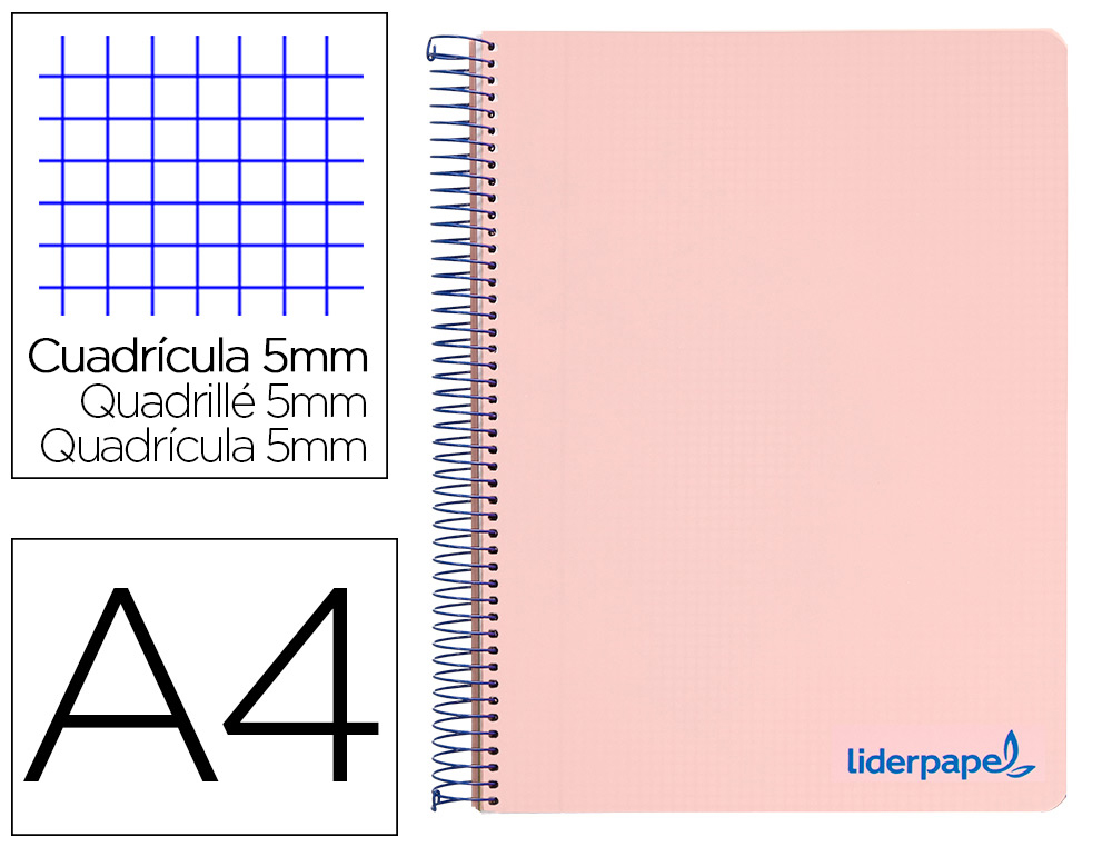 CADERNO ESPIRAL LIDERPAPEL DIN A4 WONDER CAPA PLASTICO 120 F 90 GR QUADRICULA 5 MM 5 BANDAS DE CORES 4 FUROS ROSA
