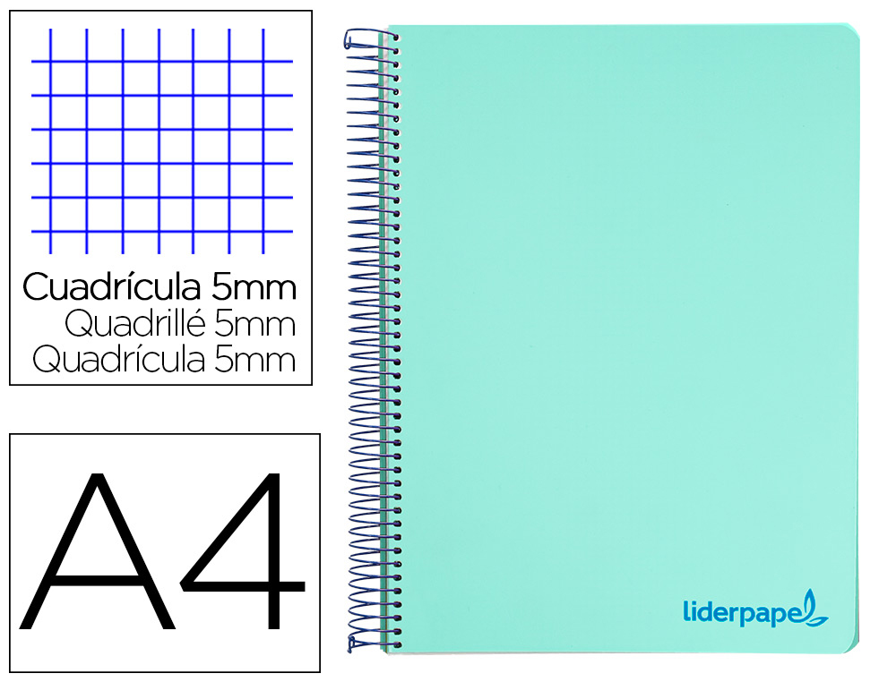 CADERNO ESPIRAL LIDERPAPEL DIN A4 WONDER CAPA PLASTICO 120 F 90 GR QUADRICULA 5 MM 5 BANDAS DE CORES 4 FUROS VERDE