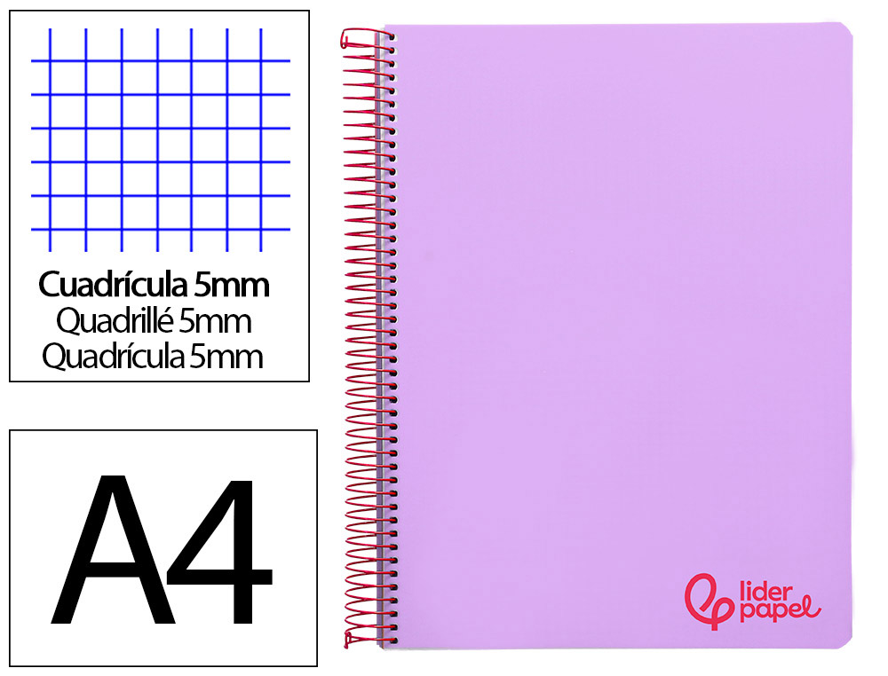 CADERNO ESPIRAL LIDERPAPEL DIN A4 WONDER CAPA PLASTICO 120 F 90 GR QUADRICULA 5 MM 5 BANDAS DE CORES 4 FUROS VIOLETA