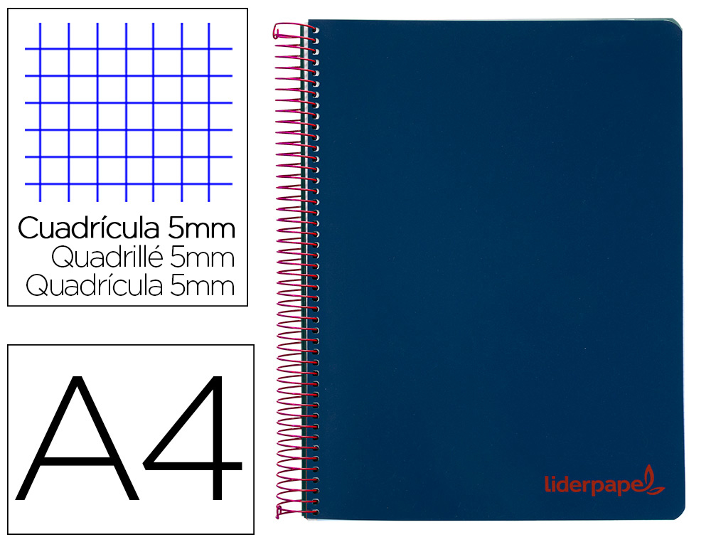 CADERNO ESPIRAL LIDERPAPEL DIN A4 WONDER CAPA PLASTICO 120 F 90 GR QUADRICULA 5 MM 5 BANDAS DE CORES 4 FUROS AZUL MARINH