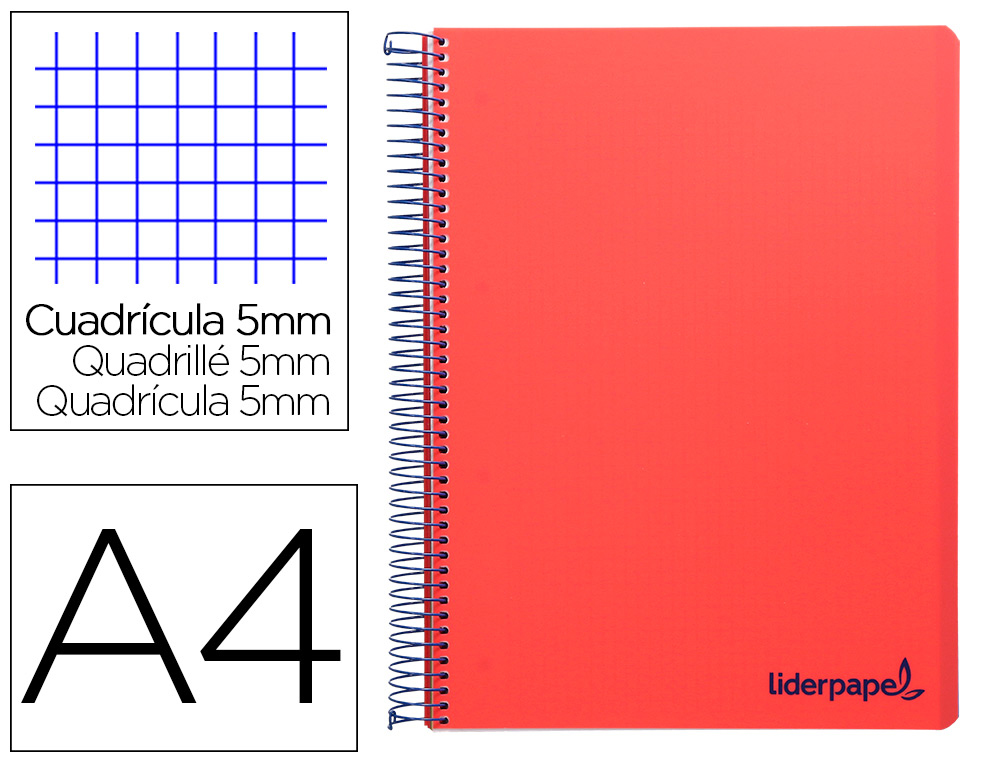 CADERNO ESPIRAL LIDERPAPEL DIN A4 WONDER CAPA PLASTICO 120 F 90 GR QUADRICULA 5 MM 5 BANDAS DE CORES 4 FUROS VERMELHO