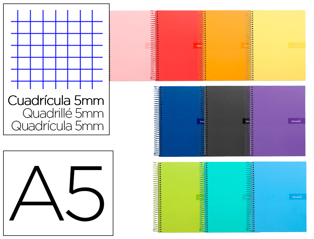CADERNO ESPIRAL LIDERPAPEL CRAFTY DIN A5 CAPA FORRADA 80 F 90 GR QUADRICULA 5 MM COM MARGEM CORES SORTIDAS