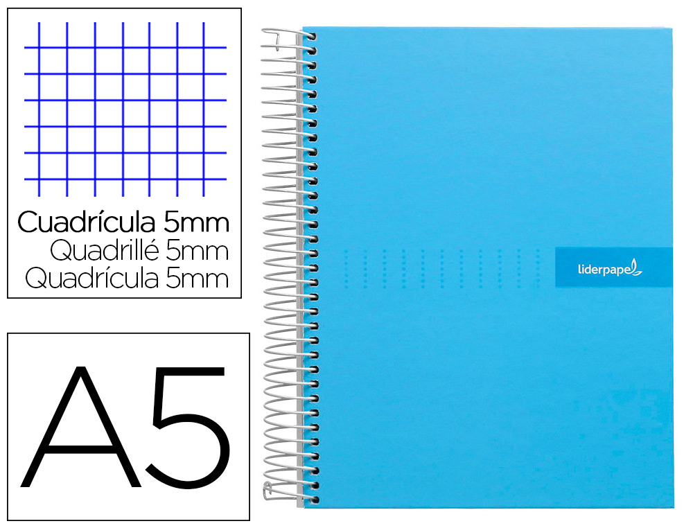 CADERNO ESPIRAL LIDERPAPEL DIN A5 CRAFTY CAPA FORRADA 120 F 90 GR QUADRICULA 5MM 5 BANDAS DE CORES 6 FUROS COR CELESTE