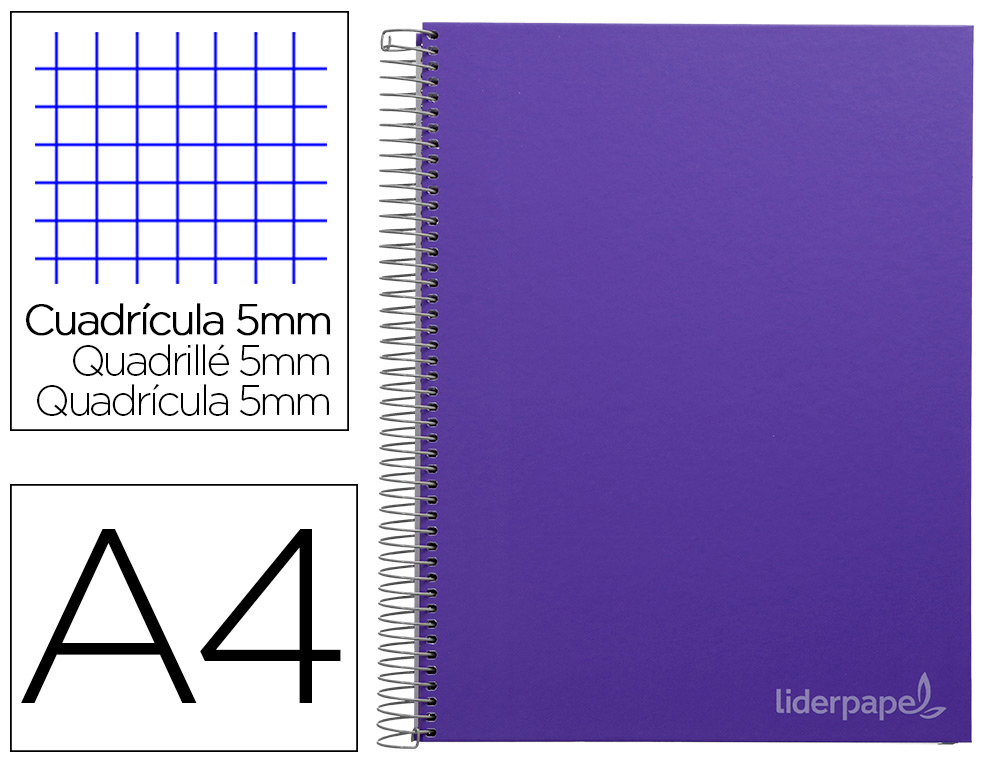 CADERNO ESPIRAL LIDERPAPEL DIN A4 JOLLY CAPA FORRADA 140 F 75 GR QUADRICULA 5MM 5 BANDAS DE CORES 4 FUROS COR LILAS