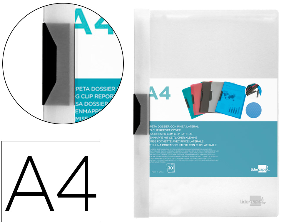 BOLSA DOSSIER LIDERPAPEL COM CLIP LATERAL DIN A4 TRANSPARENTE 30 FOLHAS