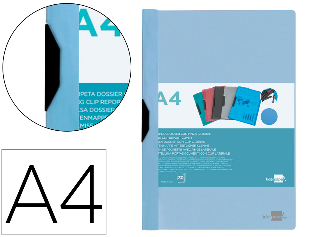 BOLSA DOSSIER LIDERPAPEL COM CLIP LATERAL DIN A4 CELESTE OPACO 30 FOLHAS