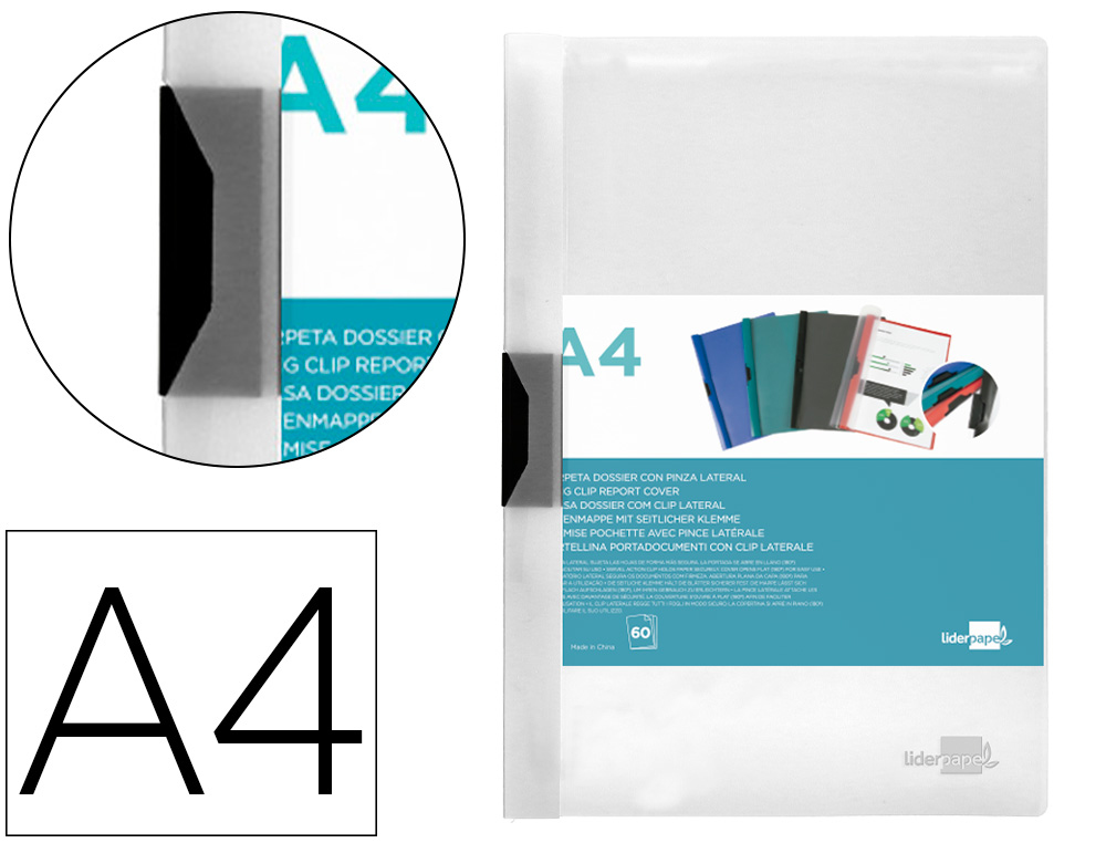 BOLSA DOSSIER LIDERPAPEL COM CLIP LATERAL DIN A4 TRANSPARENTE 60 FOLHAS