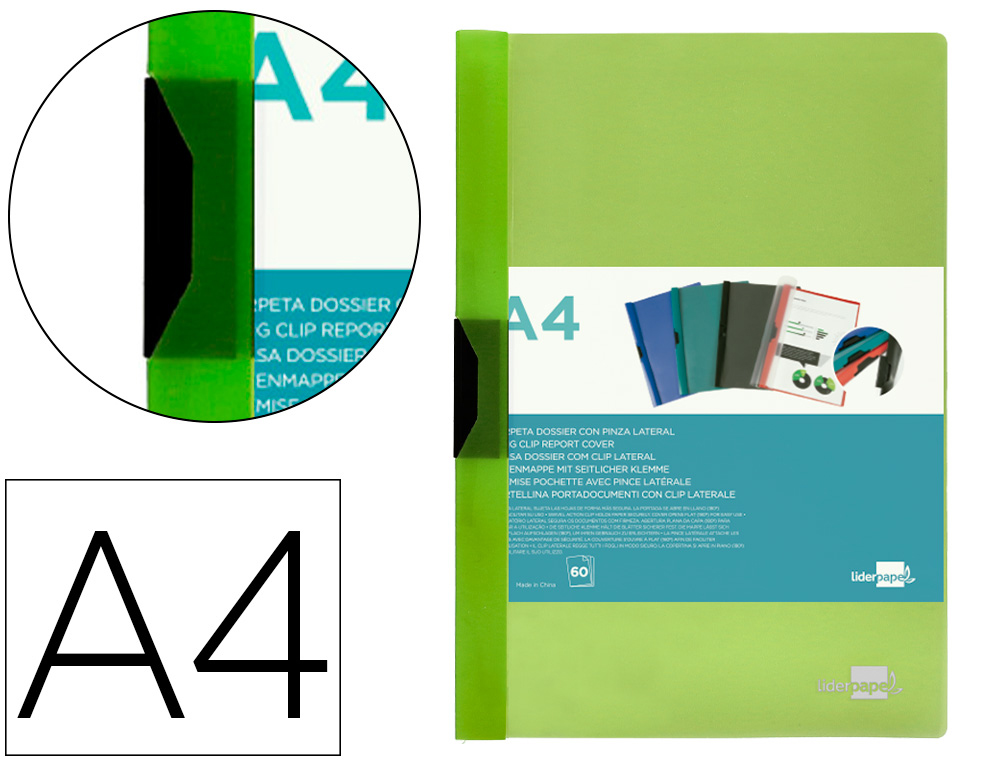 BOLSA DOSSIER LIDERPAPEL COM CLIP LATERAL DIN A4 VERDE TRANSLUCIDO 60 FOLHAS