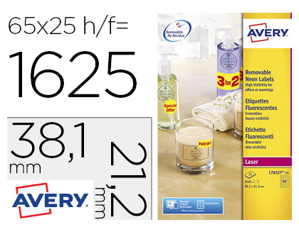 ETIQUETA ADESIVA AVERY TAMANHO 38,1X21,2 MM REMOVIVEL AMARELA FLUORESCENTE CAIXA DE 1625 UNIDADES