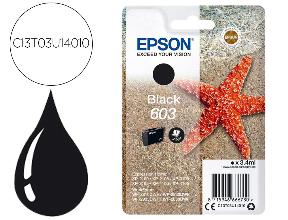 TINTEIRO EPSON 603 XP-2100 / 2105 / 3100 / 4100 / WF-2810 / 2830 / 2835 / 2850 PRETO 150 PAGINAS