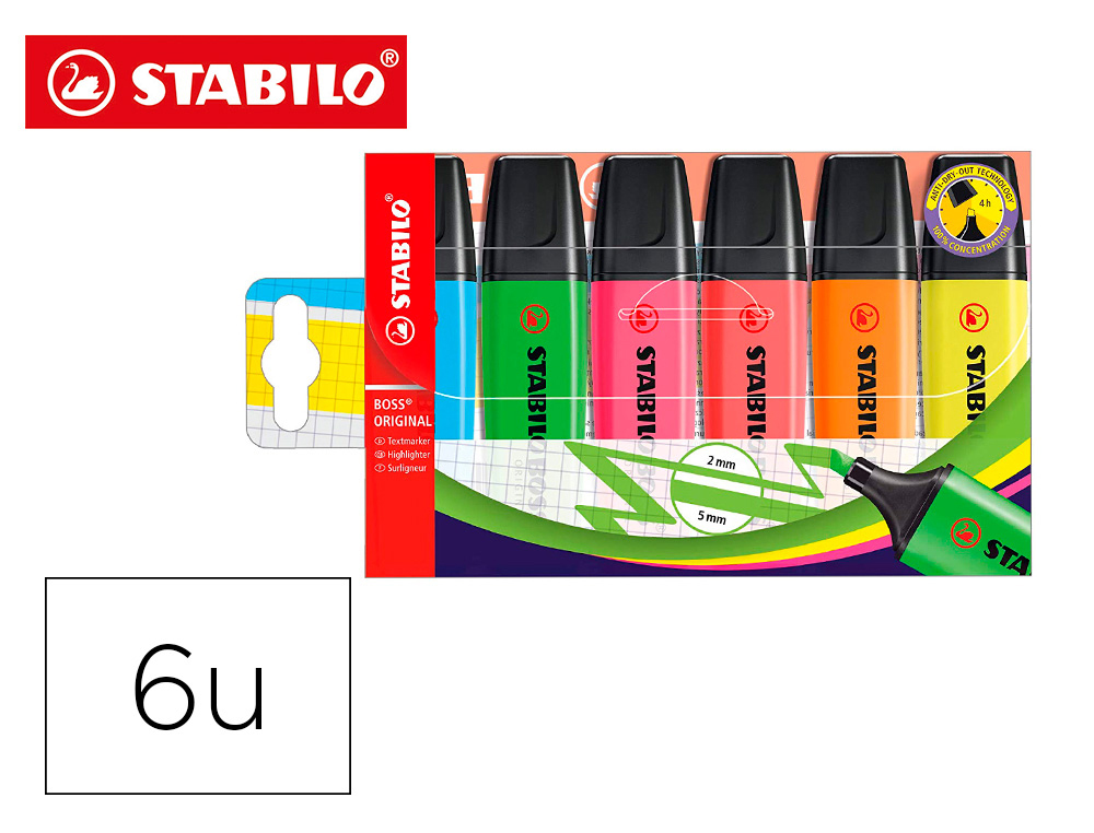 MARCADOR FLUORESCENTE STABILO BOSS 70 ESTOJO DE 6 UNIDADES CORES SORTIDAS