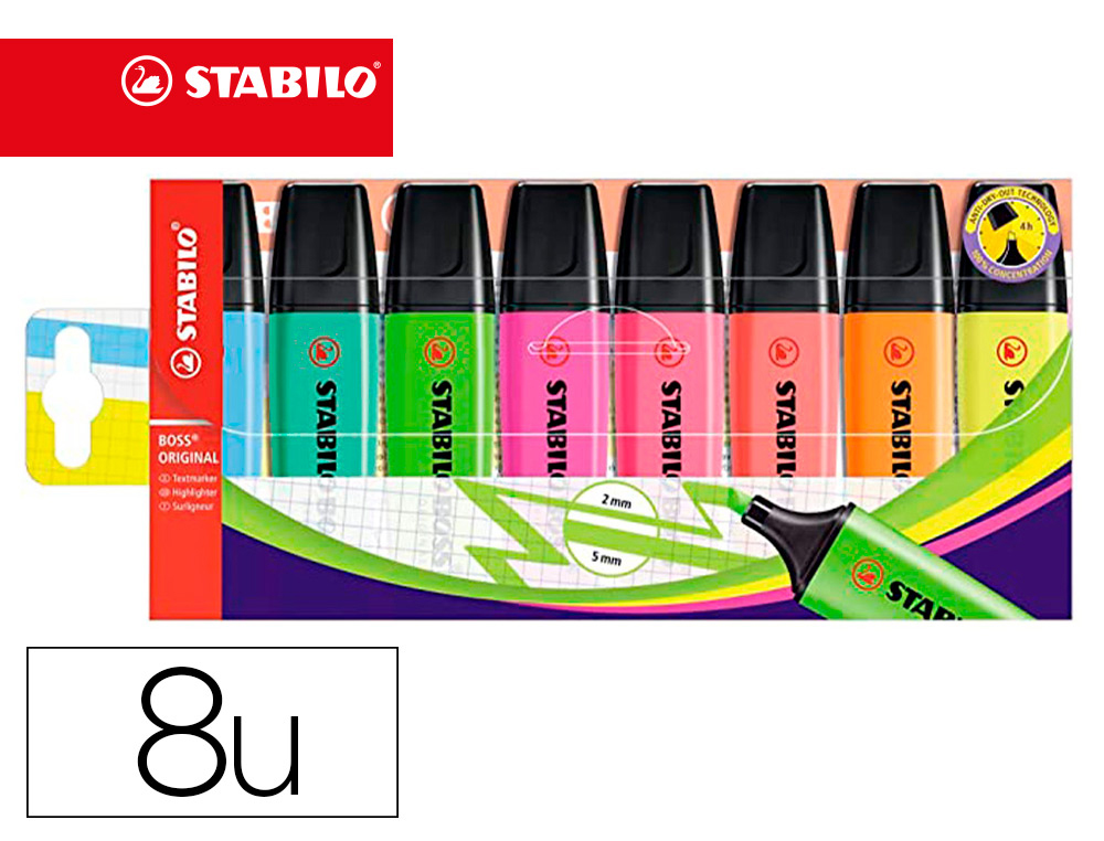 MARCADOR FLUORESCENTE STABILO BOSS 70 ESTOJO DE 8 UNIDADES CORES SORTIDAS