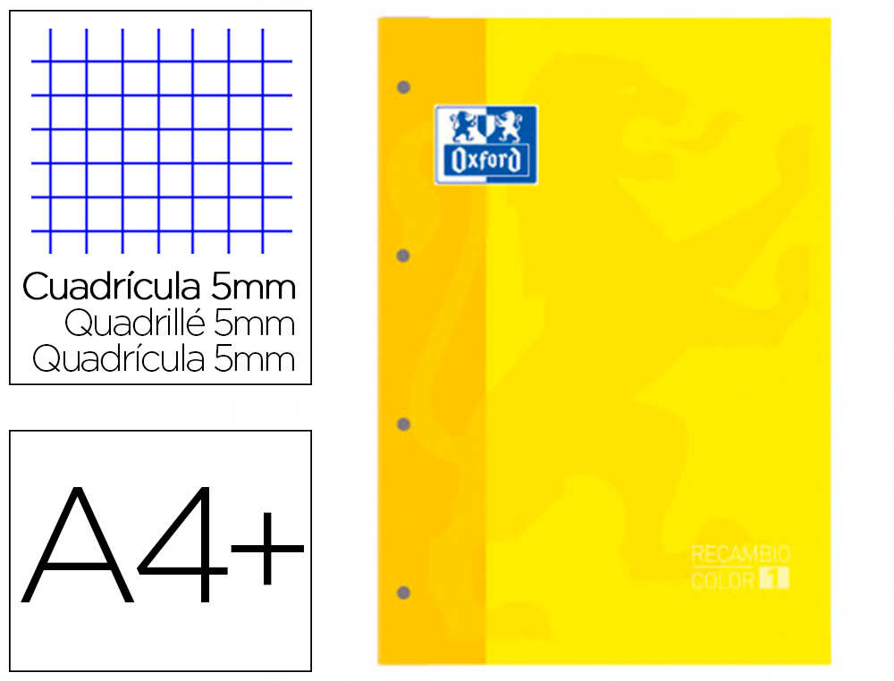RECARGA COR 1 OXFORD DIN A4+ 80 FOLHAS 90 GR QUADRICULA 5 MM 4 FUROS COR AMARELO