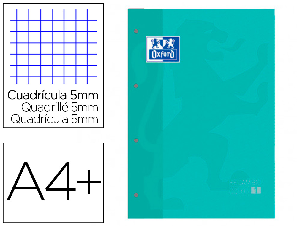 RECARGA COR 1 OXFORD DIN A4+ 80 FOLHAS 90 GR QUADRICULA 5 MM 4 FUROS COR ICE MINT