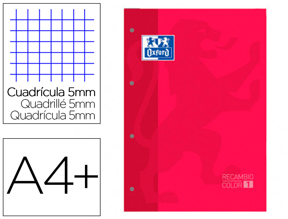 RECARGA COR 1 OXFORD DIN A4+ 80 FOLHAS 90 GR QUADRICULA 5 MM 4 FUROS COR VERMELHO
