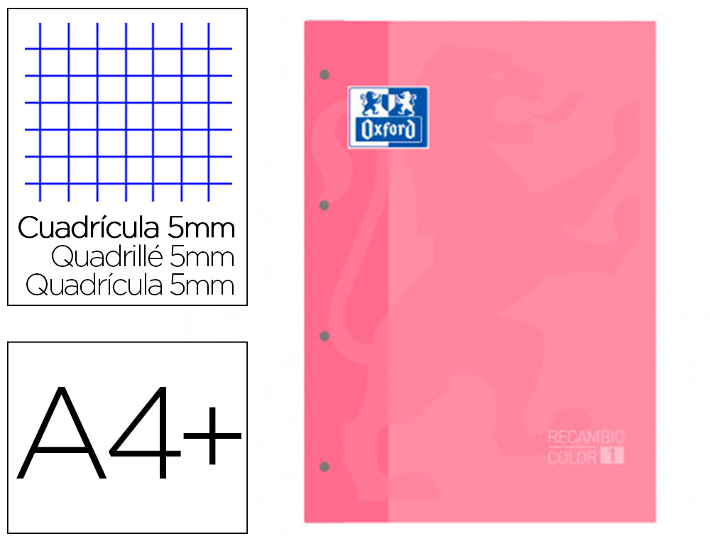 RECARGA COR 1 OXFORD DIN A4+ 80 FOLHAS 90 GR QUADRICULA 5 MM 4 FUROS COR ROSA CHICLET