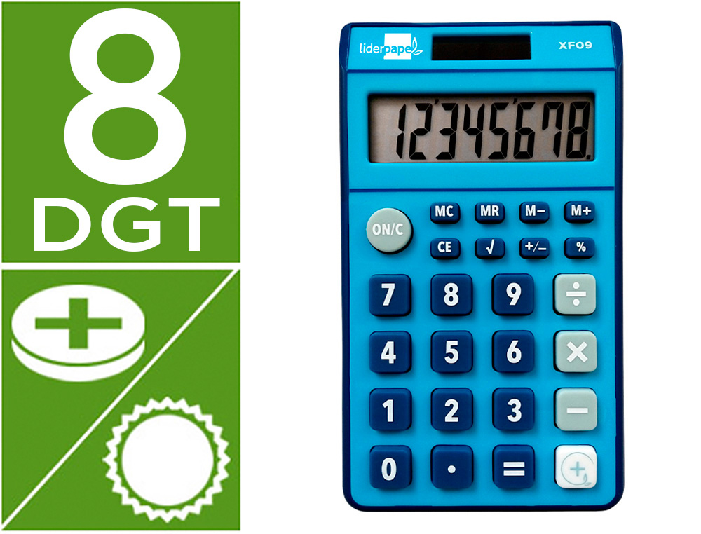 CALCULADORA LIDERPAPEL DE BOLSO XF09 8 DIGITOS SOLAR E PILHAS COR AZUL 115X65X8 MM