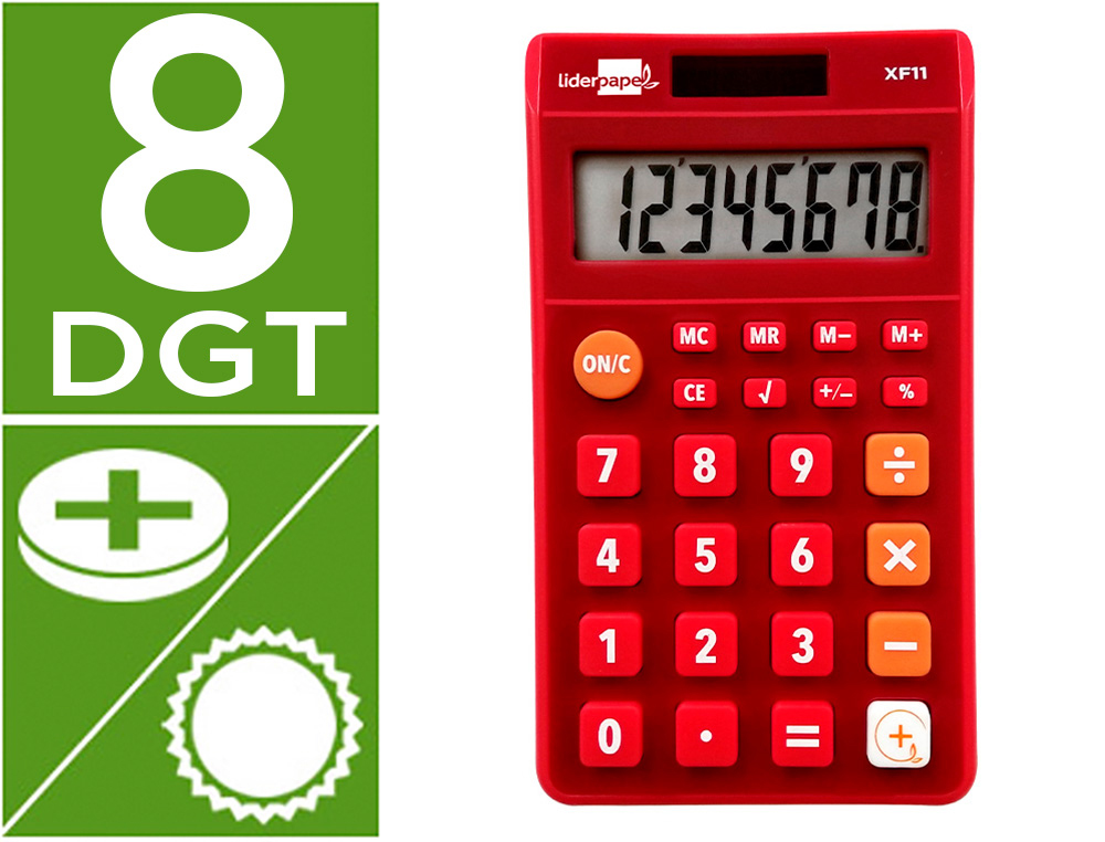 CALCULADORA LIDERPAPEL DE BOLSO XF11 8 DIGITOS SOLAR E PILHAS COR VERMELHO 115X65X8 MM