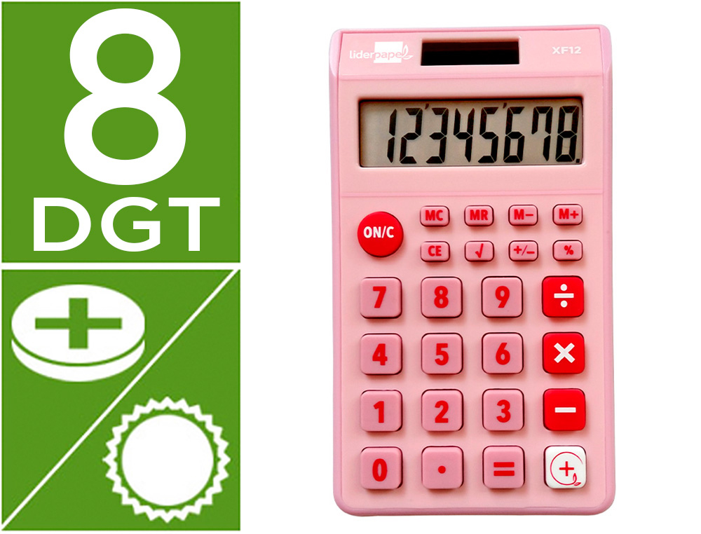CALCULADORA LIDERPAPEL DE BOLSO XF12 8 DIGITOS SOLAR E PILHAS COR ROSA 115X65X8 MM