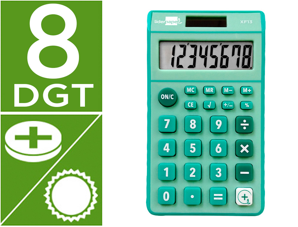 CALCULADORA LIDERPAPEL DE BOLSO XF13 8 DIGITOS SOLAR E PILHAS COR VERDE 115X65X8 MM