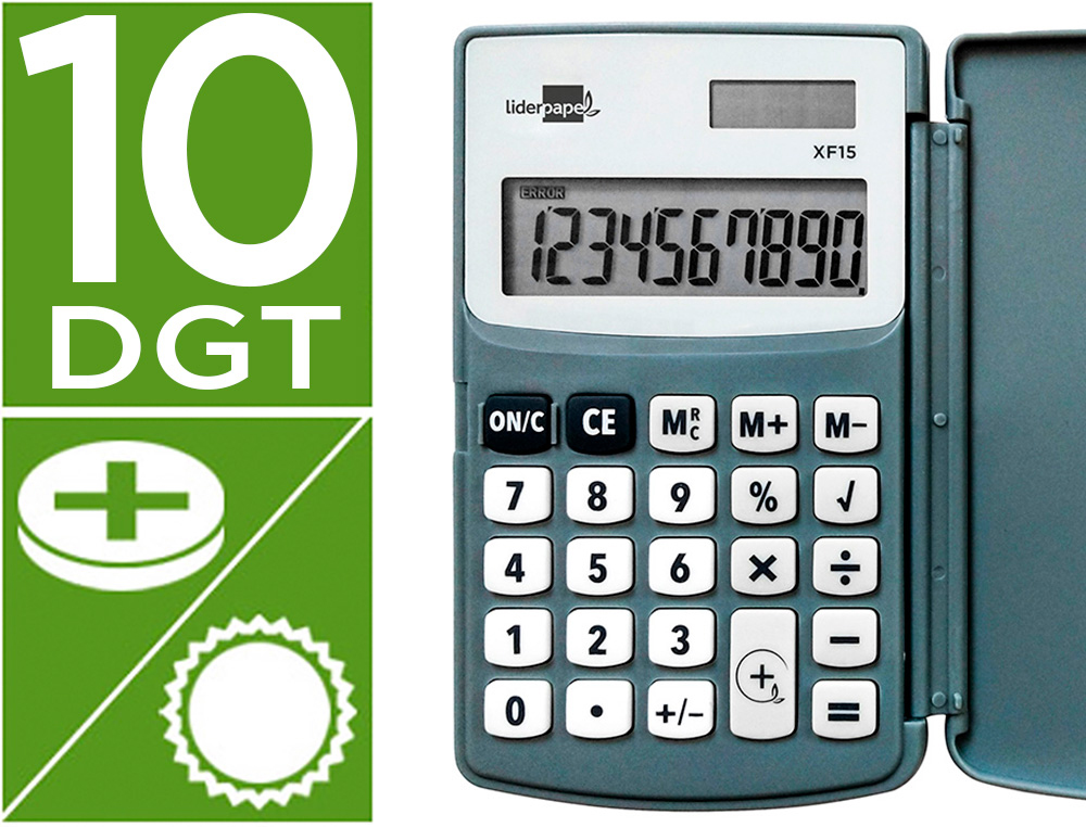 CALCULADORA LIDERPAPEL DE BOLSO XF15 10 DIGITOS COM CAPA SOLAR E PILHAS COR CINZA 123X75X12 MM