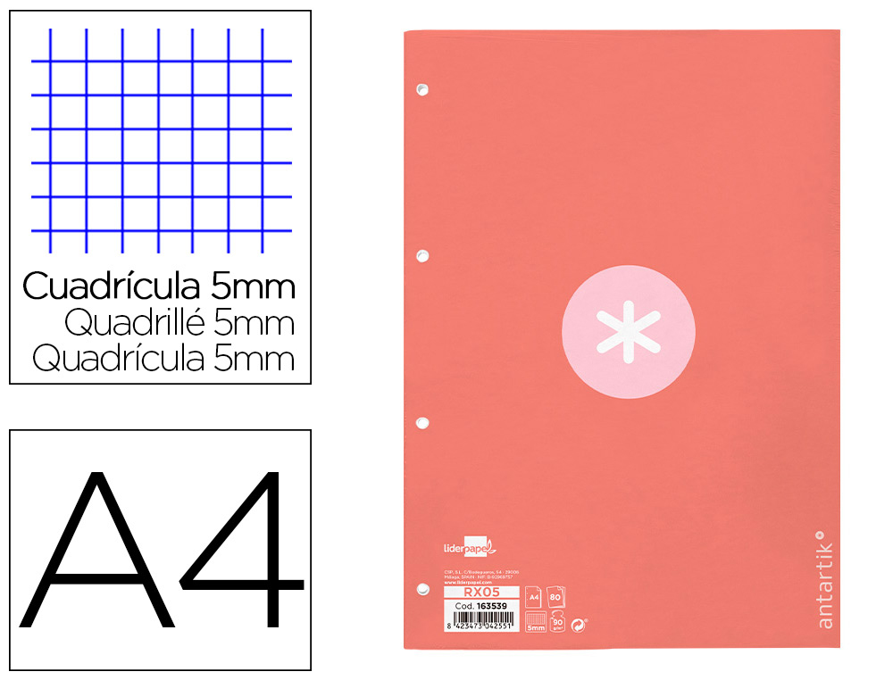 RECARGA COLADA ANTARTIK QUADRICULA DE 5MM DIN A4 100 F 90 GR 4 FUROS 1 BANDA MOLDURA COR ROSA