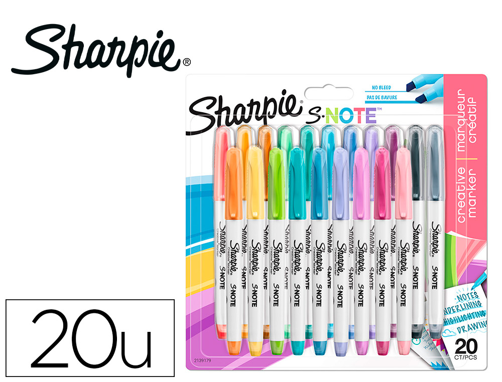 MARCADOR SHARPIE PERMANENTE S-NOTE PONTA BISELADA TRACO 1,2 /3,87 MM BLISTER 20 UNIDADES CORES SORTIDAS