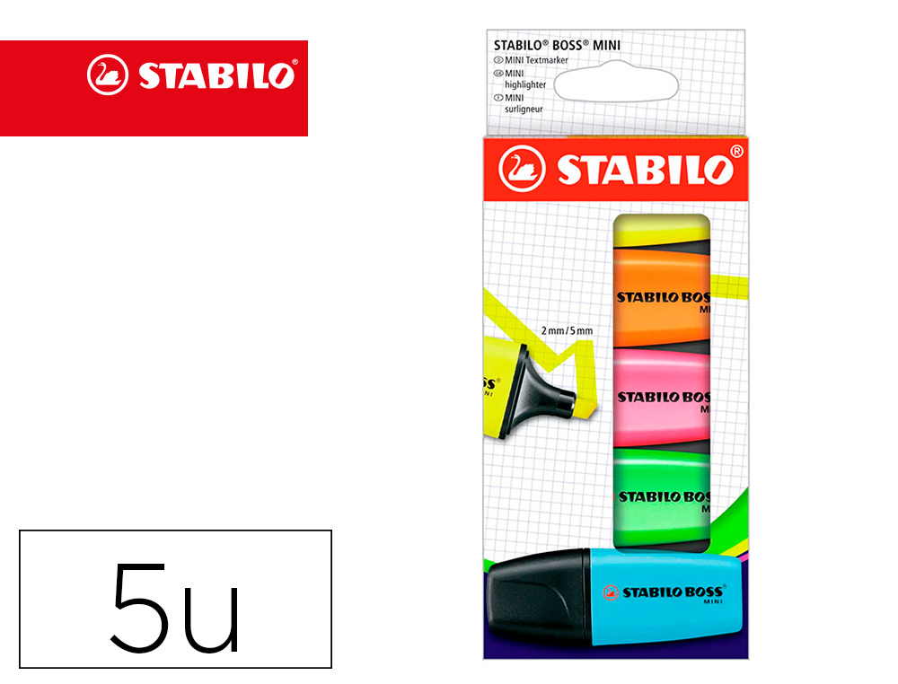 MARCADOR FLUORESCENTE STABILO BOSS MINI ESTOJO DE 5 UNIDADES AMARELO/AZUL/LARANJA/ROSA/VERDE