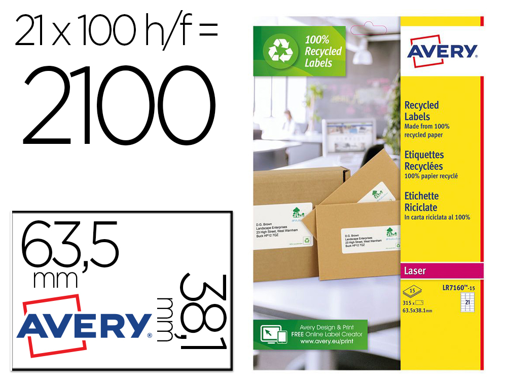 ETIQUETA ADESIVA AVERY BRANCA PERMANENTE RECICLADA 100% PARA IMPRESSORA LASER 63,5X38,1 MM CAIXA DE 315 UNIDADES