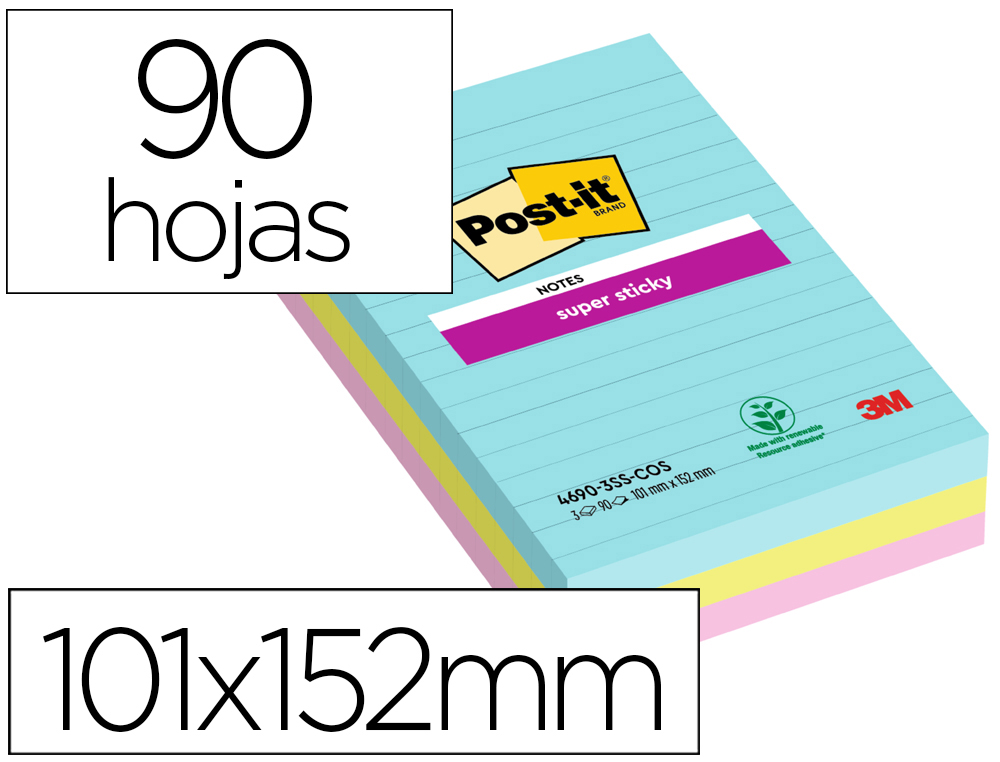 BLOCO DE NOTAS ADESIVAS POST-IT SUPER STICKY COSMIC PAUTADO 90 FOLHAS 101X152 MM PACK DE 3 UDS CORES SORTIDAS