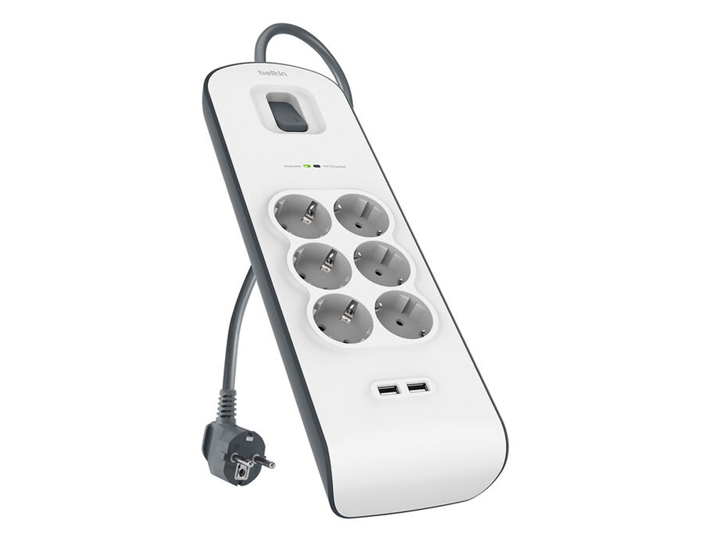 EXTENSAO BELKIN BSV604VF2M PROTECAO CONTRA SOBRECARGAS 6 TOMADAS + 2 PORTAS USB (2,4 A) BOTAO LIG. E DESL. COR BRANCO/CI
