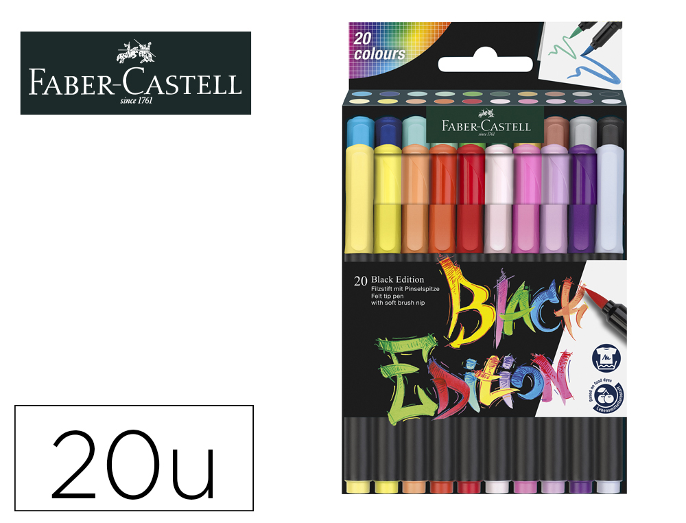 MARCADOR FABER CASTELL BLACK EDITION PONTA DE PINCEL CAIXA DE 20 UNIDADES CORES SORTIDAS
