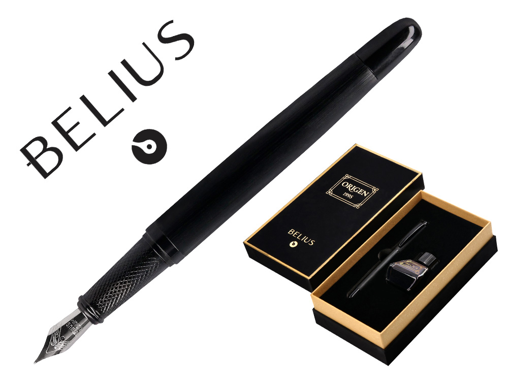CANETA E FRASCO DE TINTA ESTILOGRAFICA BELIUS ORIGEN 1995 ALUMINIO TEXTURA ESCOVADO COR PRETO TINTA PRETA CAIXA DESIGN