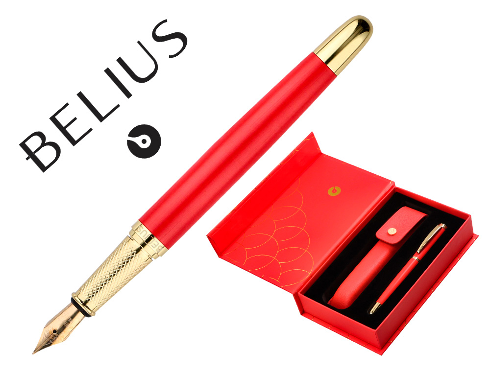 CANETA E ESTOJO COURO BELIUS PASSION DOR ALUMINIO TEXTURA ESCOVADO VERMELHO E DOURADO TINTA AZUL CAIXA DESIGN
