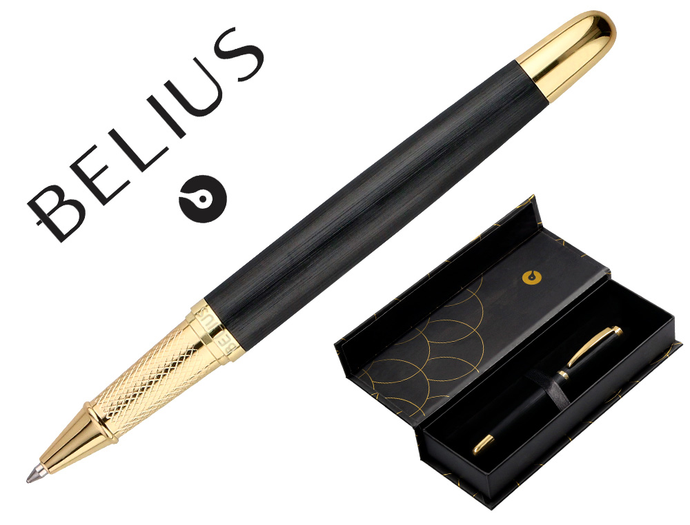 ESFEROGRAFICA BELIUS PASSION DOR ALUMINIO TEXTURA ESCOVADO DESENHO PRETO E DOURADO TINTA AZUL CAIXA DESIGN