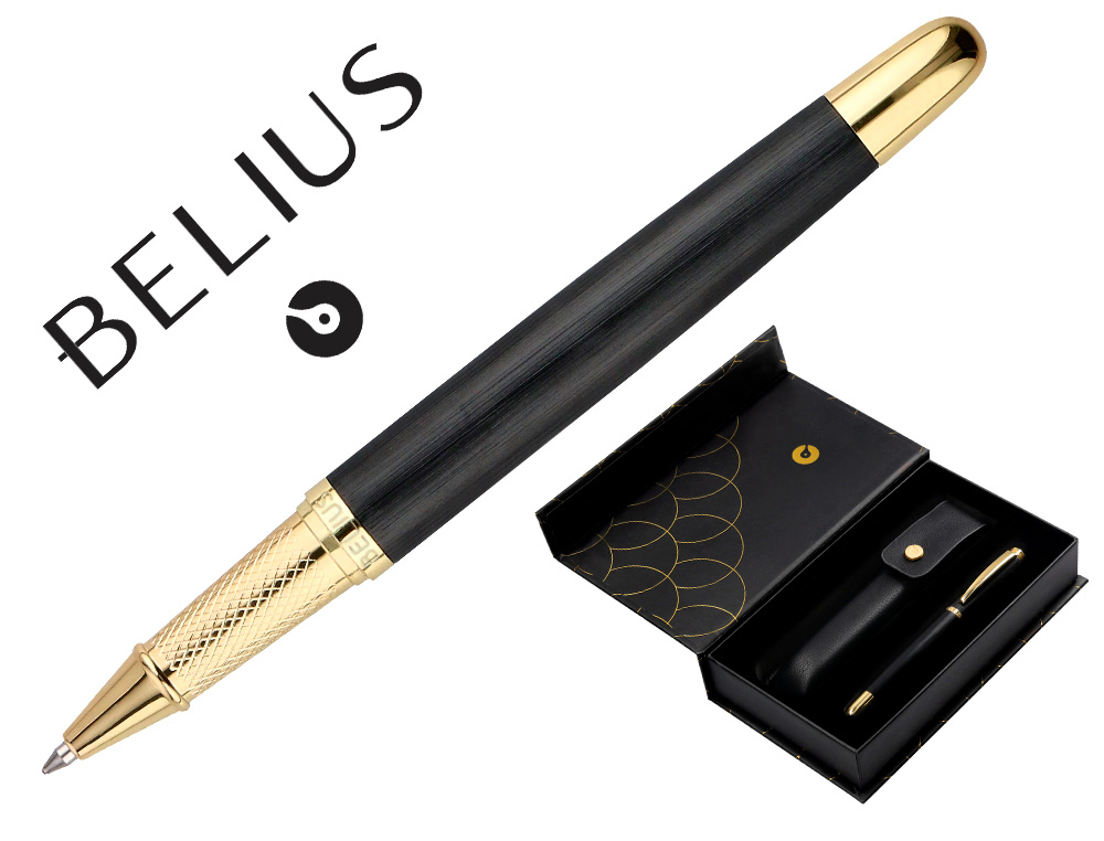 ESFEROGRAFICA E ESTOJO COURO BELIUS PASSION DOR ALUMINIO TEXTURA ESCOVADO PRETO E DOURADO TINTA AZUL CAIXA DESIGN