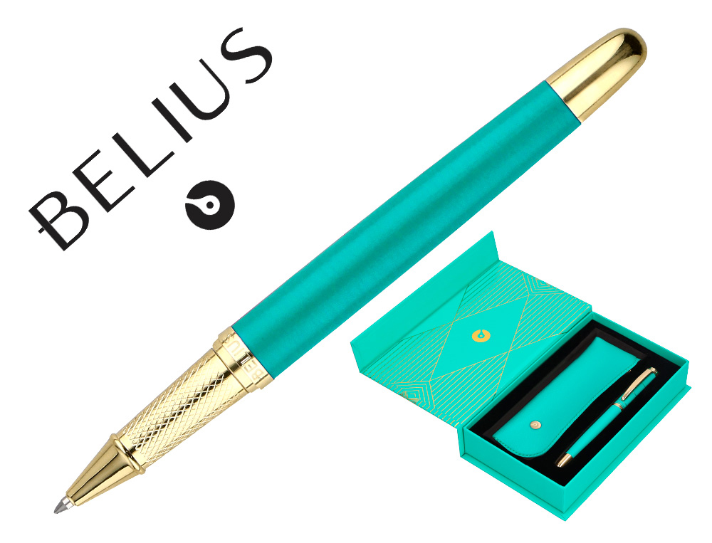 ESFEROGRAFICA E ESTOJO BELIUS SOIREE DESENHO ART DECO TURQUESA E DOURADO TINTA AZUL CAIXA DESIGN