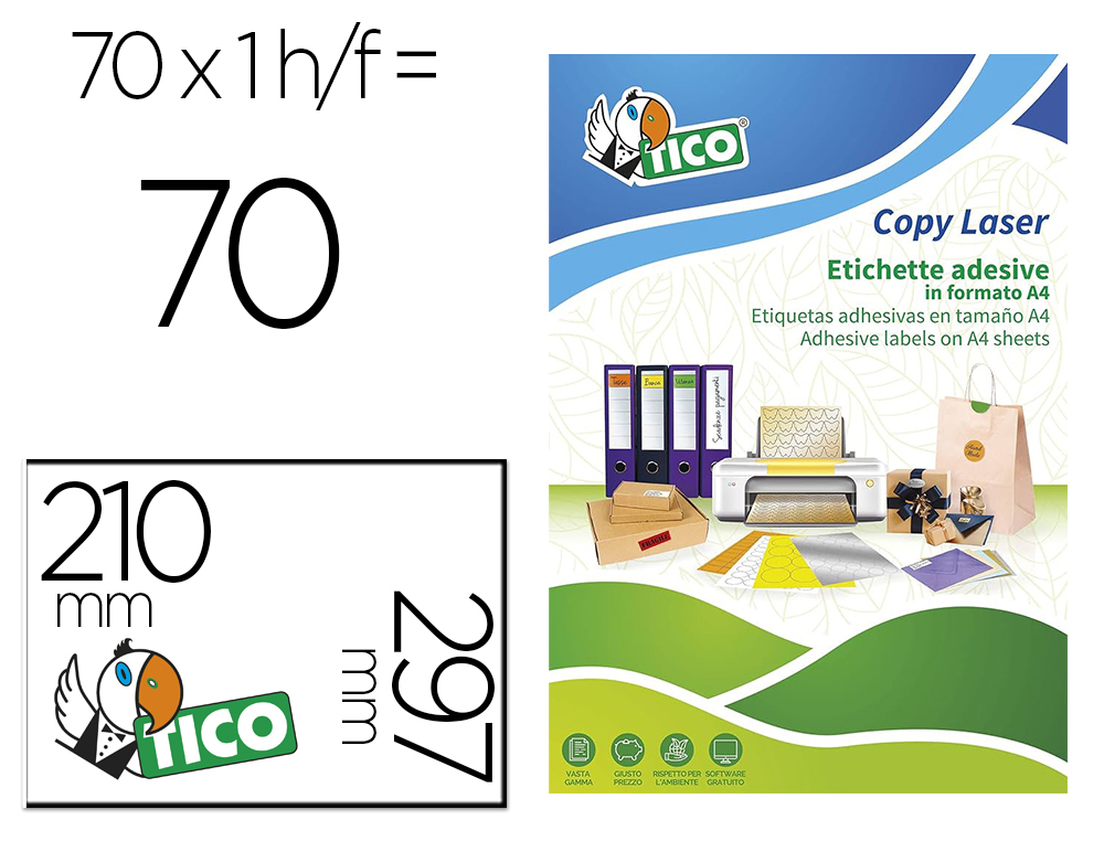 ETIQUETA ADESIVA TICO VERMELHO FLUOR PERMANENTE CERTIFICADO FSC LASER/JATO TINTA/FOTOCOPIA 210X297 MM CAIXA 70 UDS
