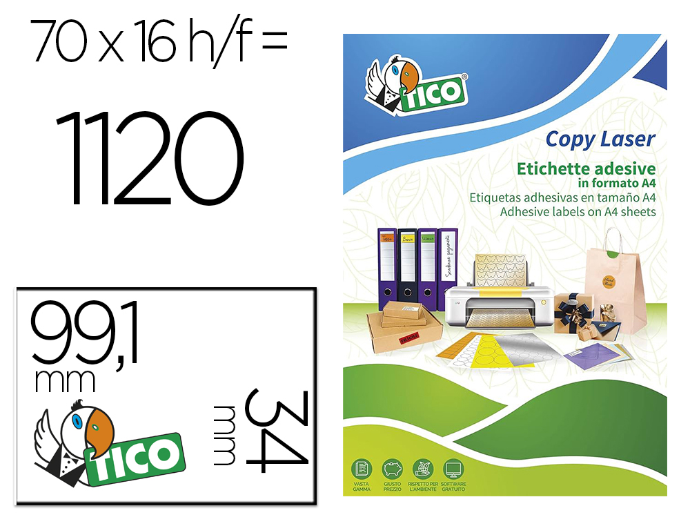 ETIQUETA ADESIVA TICO AMARELO FLUOR PERMANENTE CERTIFICADO FSC LASER/JATO TINTA/FOTOCOPIA 99,1X34 MM CAIXA 1120 UDS