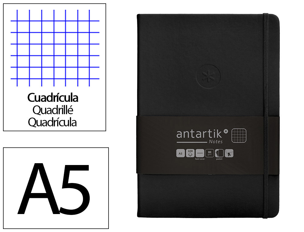 CADERNO COM ELASTICO ANTARTIK NOTES CAPA DURA A5 QUADRICULADO PRETO 100 FOLHAS 80 GR FSC