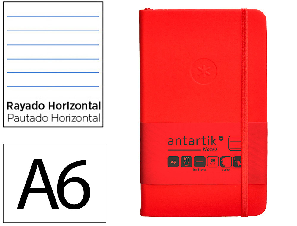 CADERNO COM ELASTICO ANTARTIK NOTES CAPA DURA A6 PAUTADO VERMELHO 100 FOLHAS 80 GR FSC