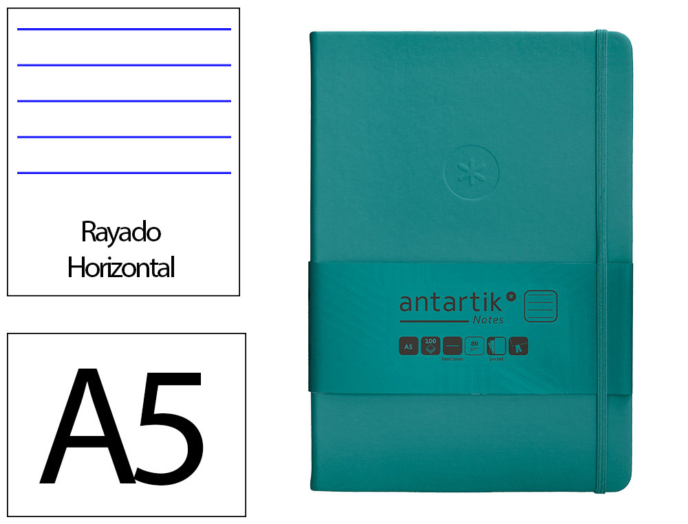 CADERNO COM ELASTICO ANTARTIK NOTES CAPA DURA A5 PAUTADO VERDE AGUA-MARINHA 100 FOLHAS 80 GR FSC
