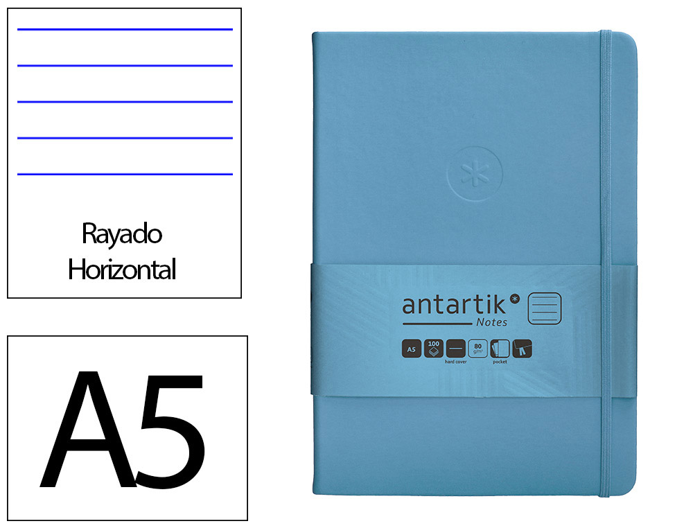 CADERNO COM ELASTICO ANTARTIK NOTES CAPA DURA A5 PAUTADO AZUL CLARO 100 FOLHAS 80 GR FSC