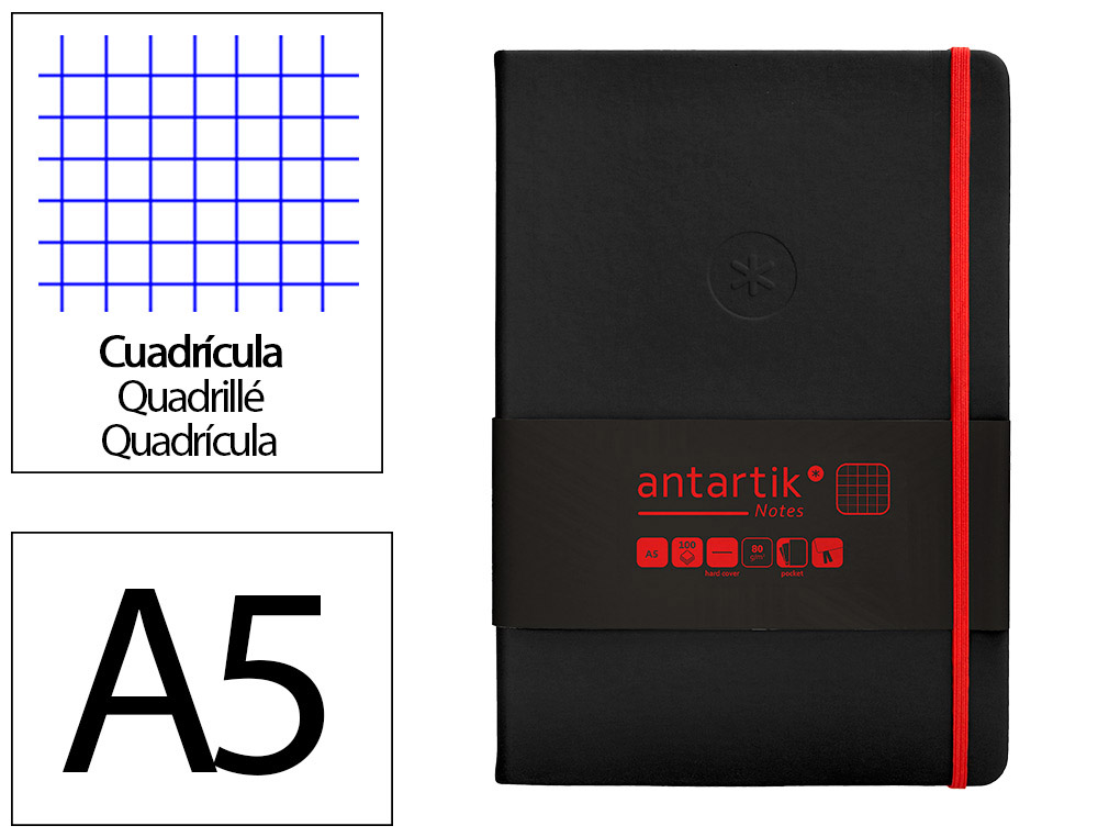 CADERNO COM ELASTICO ANTARTIK NOTES CAPA DURA A5 QUADRICULADO PRETO E VERMELHO 100 FOLHAS 80 GR FSC
